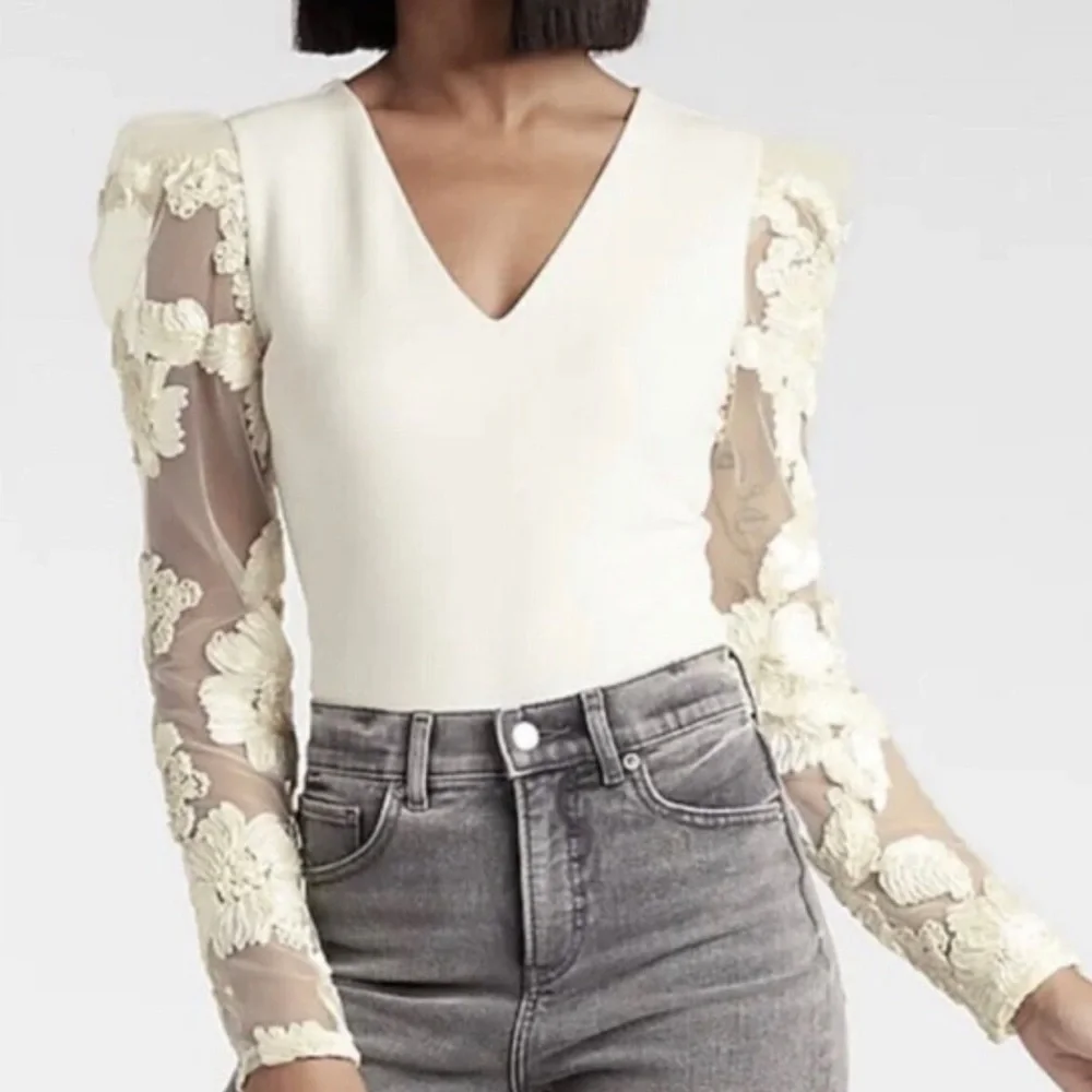 Express Ivory Bodysuit with Lace Floral Sleeves - Picture 2 of 8